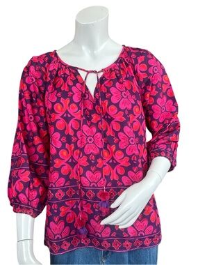 Just Bellina Purple And Pink Floral Tassel Boho Floral Long Sleeve Blouse Small